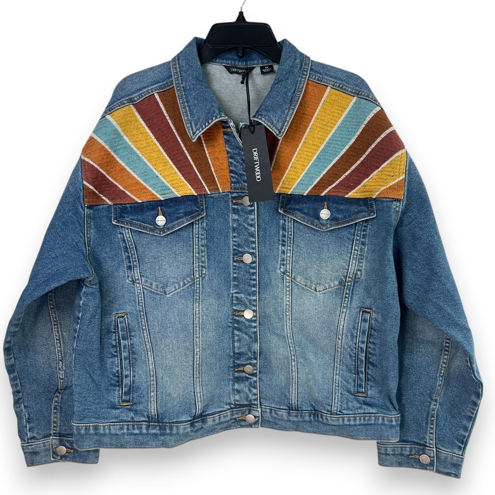 NWT Driftwood Sunburst Embroidered Denim Jacket Women 1X Blue Boho Retro Western